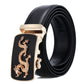 Black leather automatic buckle belt with gold-toned buckle featuring dragon-style emblem