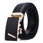 Black leather automatic buckle belt with gold-toned rectangular buckle and hook detail