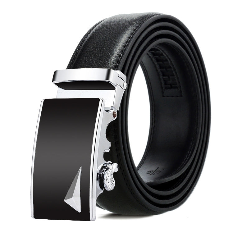 Men's leather automatic buckle belt with silver rectangular buckle and black inset