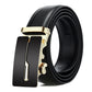 Men's leather automatic buckle belt with gold rectangular buckle and black inset