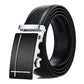 Men's leather automatic buckle belt with silver rectangular buckle and black front plate