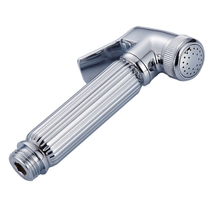 Chrome handheld spray nozzle with ribbed handle and perforated water outlet cap