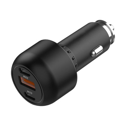 Black dual-USB car phone charger with two ports and angled plug