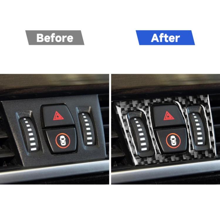 Car dashboard control area with carbon-fiber trim sticker frame around buttons