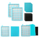Assorted vacuum replacement filters with blue frames, white pleated cores, foam pads