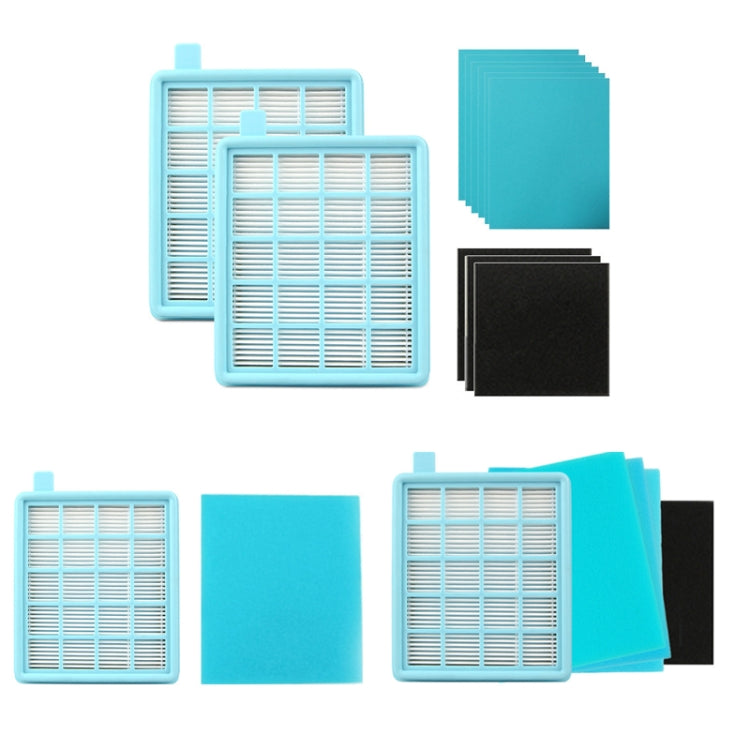 Assorted vacuum replacement filters with blue frames, white pleated cores, foam pads
