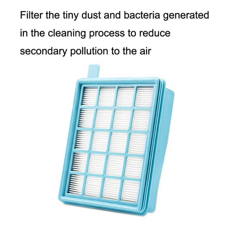 Blue vacuum filter with white pleated grid for dust capture