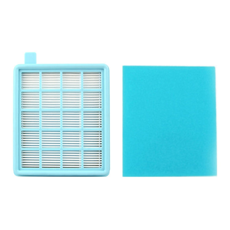 Square blue vacuum filter frame with white pleated insert and foam pad