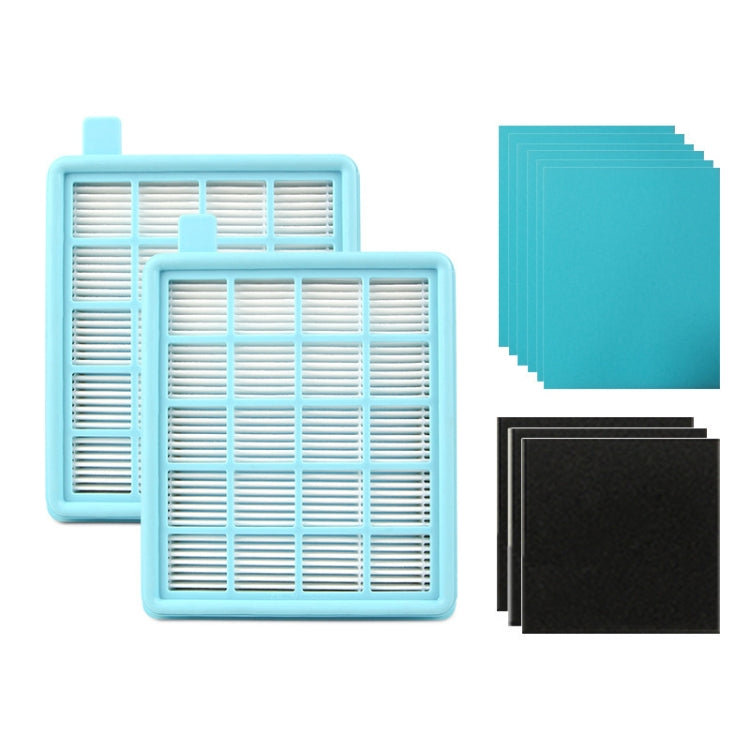 Vacuum filter set with white pleated cores, blue filter sheets, and black foam