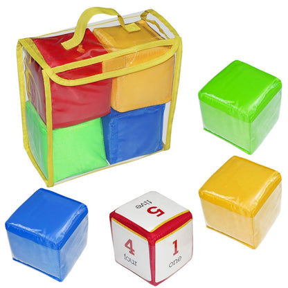 Colorful soft dice cubes with numbers and a zippered storage bag