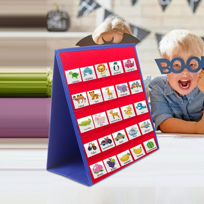 Blue foldable tabletop card display pouch stand with printed card-slot design.