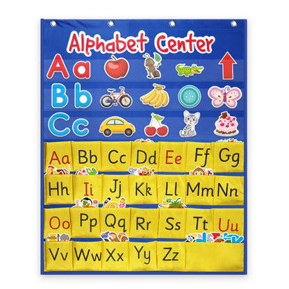 Blue alphabet pocket chart with colorful letters and icon graphics on hanging fabric