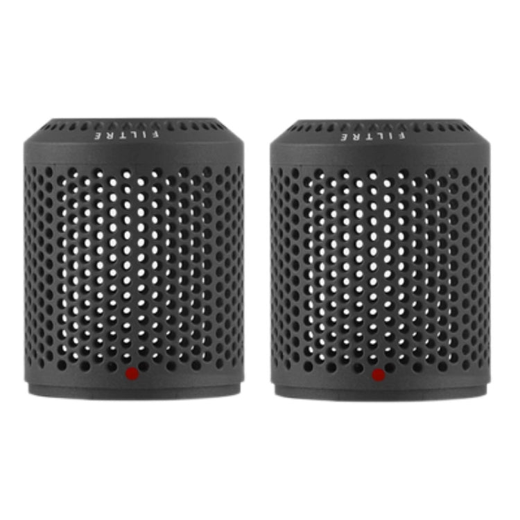 Dark gray mesh outer filter cover, cylindrical perforated grille with small red dot