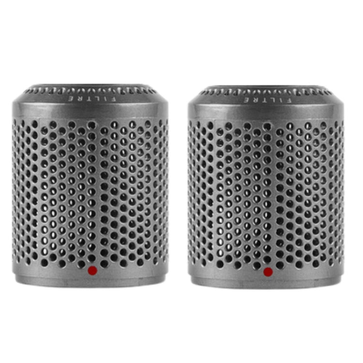 Light gray silver mesh outer filter cover, cylindrical perforated grille with red dot