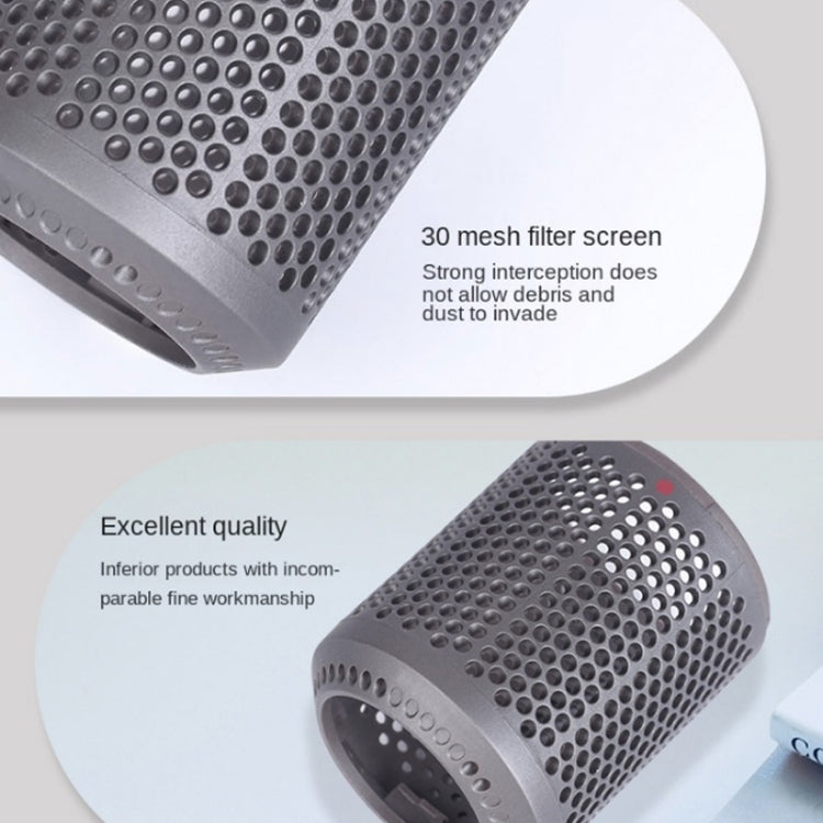 Gray perforated mesh filter screen cover, cylindrical with dense dot pattern