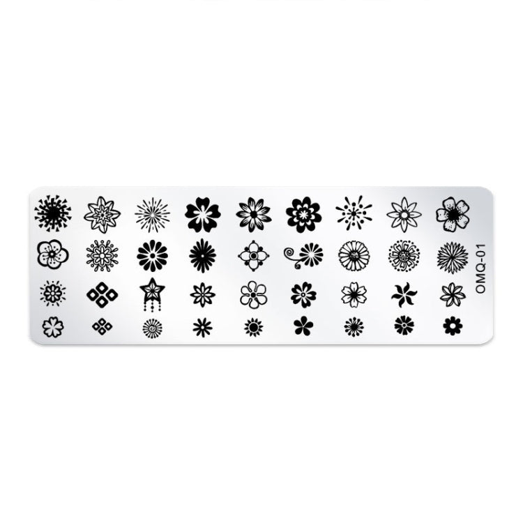 Stainless steel nail art stamping plate with floral and snowflake designs, OMQ-01
