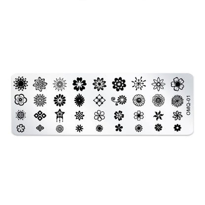 Stainless steel nail art stamping plate with floral and snowflake designs, OMQ-01