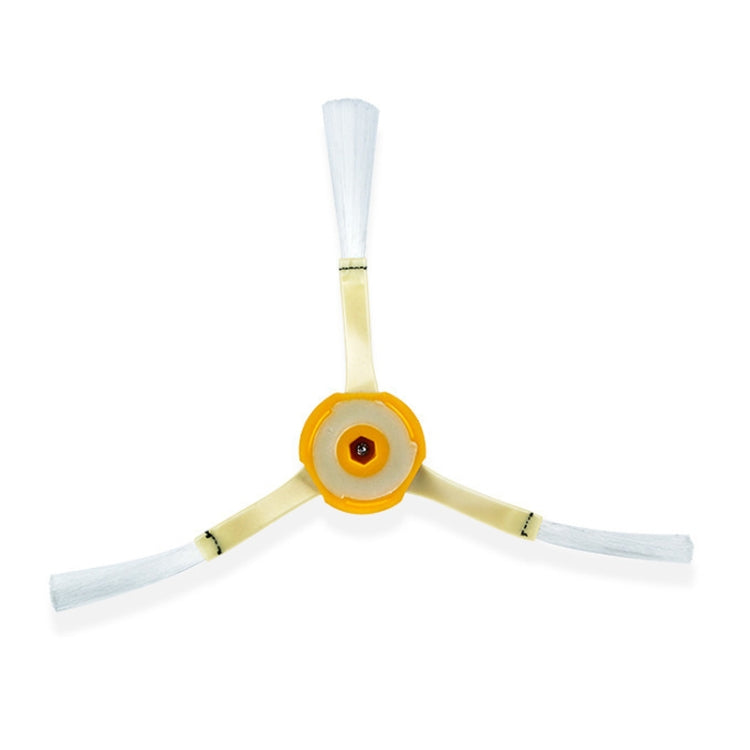 Robot vacuum side brush with yellow hub and three white bristles