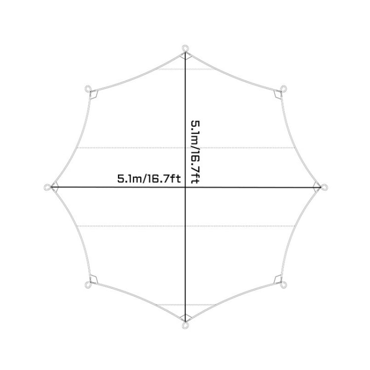 Octagonal canopy tent diagram with dimensions and hanging points at the corners