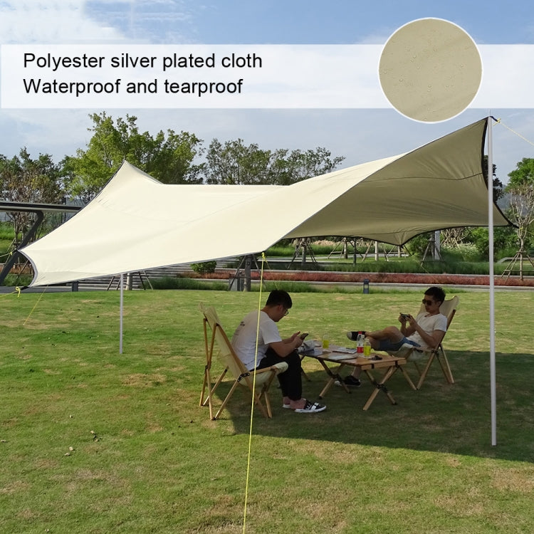 Light beige octagonal canopy tent stretched with top fabric and pole corner points