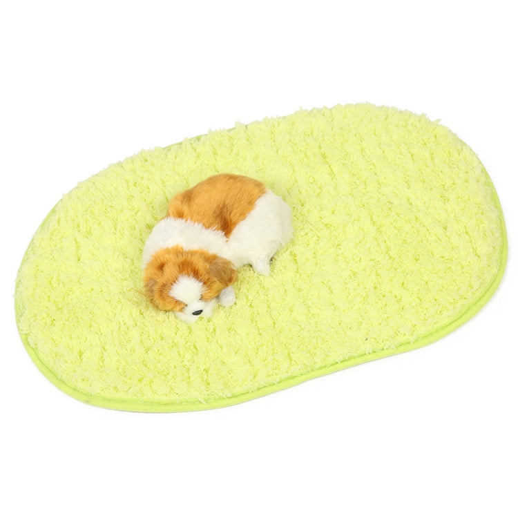 Lime green oval plush pet bed pad with small sleeping puppy plush on top