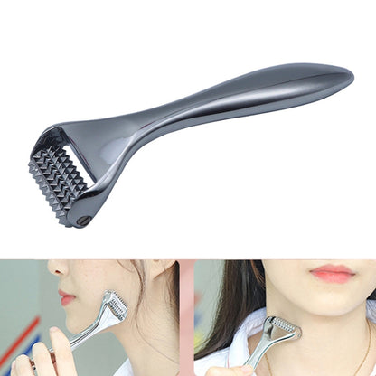 Metal facial massager roller with textured needle bar attachment and ergonomic handle