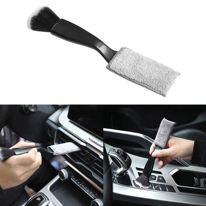 Black double-ended soft bristle cleaning brush with gray microfiber pads, compact car detail brush