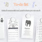 To-do note cards with elephant and cartoon calendar designs