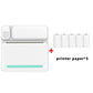 White inkless pocket printer with teal status bar and 5 printer paper rolls