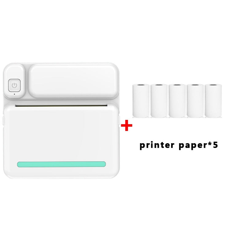 White inkless pocket printer with teal status bar and 5 printer paper rolls