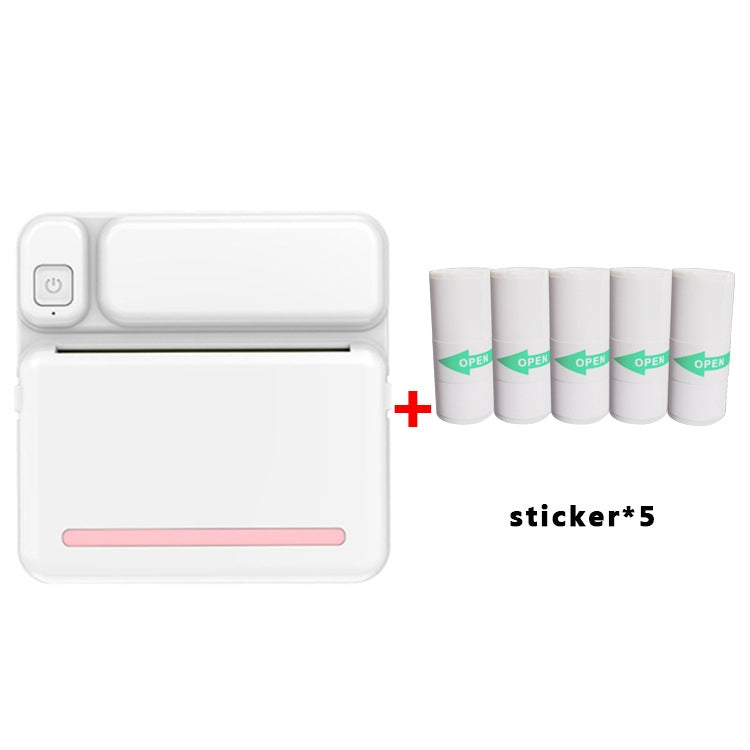 White inkless pocket printer with pink status bar and 5 sticker rolls