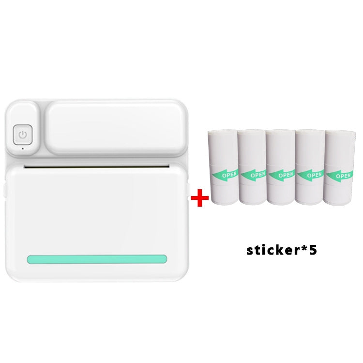 White inkless pocket printer with teal status bar and 5 sticker rolls