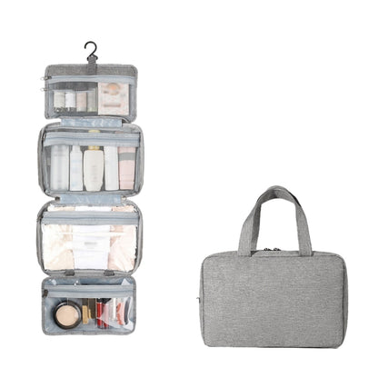 Grey foldable waterproof toiletry bag with transparent top sections and hanging hook