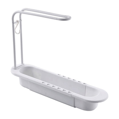 White telescopic sink rack with towel pole, curved tray for drying items