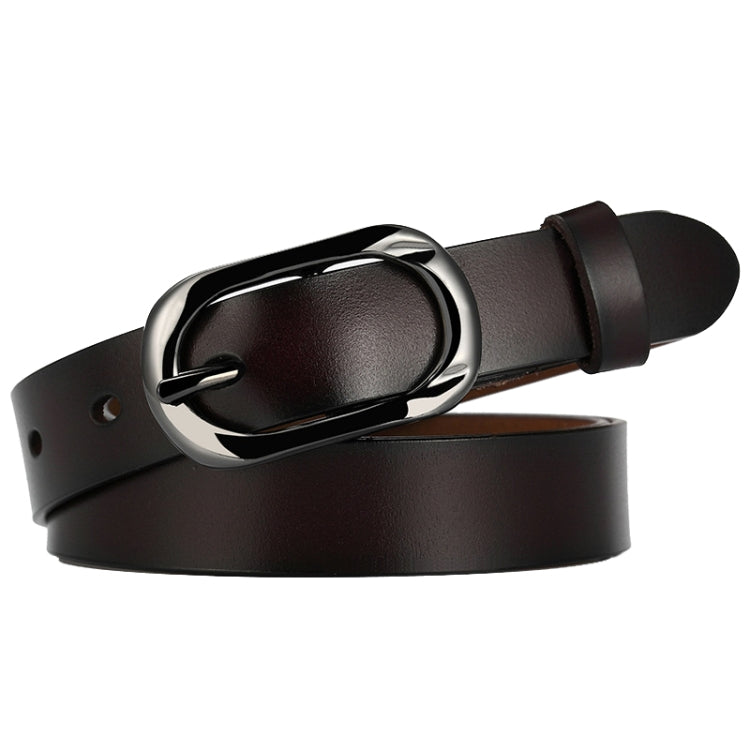 Dark brown leather belt with oval pin buckle and punched hole, adjustable strap end