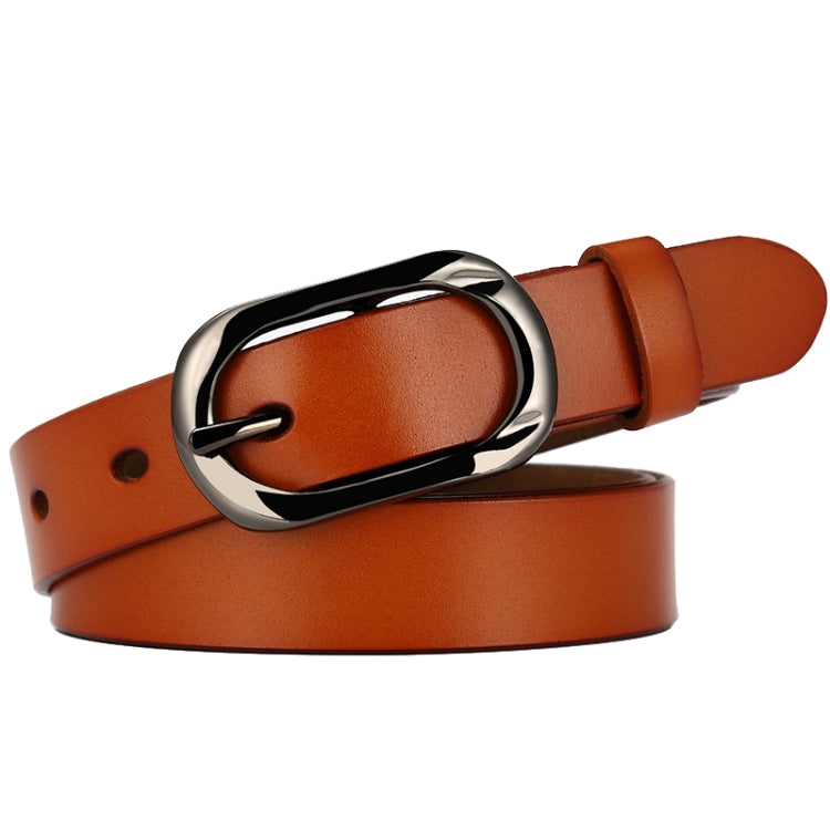 Camel leather belt with oval pin buckle and punched hole, adjustable strap end
