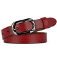 Red leather belt with oval pin buckle and metal loop detail