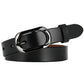 Black leather belt with oval pin buckle and shiny metal frame
