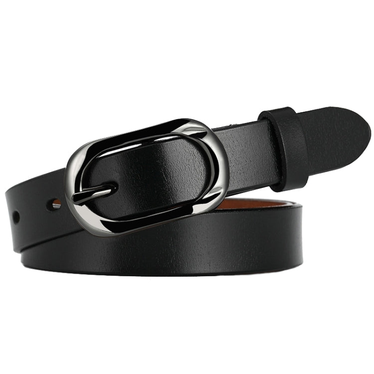 Black leather belt with oval pin buckle and stitched-look strap edge