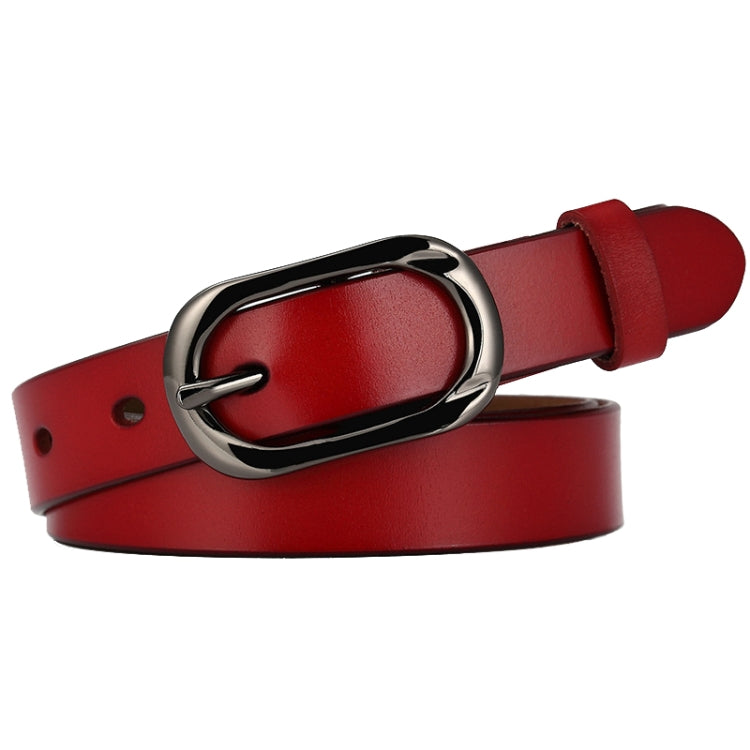 Red leather belt with oval pin buckle and metal keeper loop