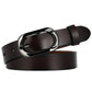 Dark brown leather belt with oval silver pin buckle and single row of holes