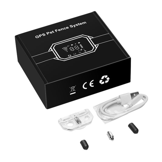 GPS pet fence system kit box with receiver, white collar strap, cable and parts