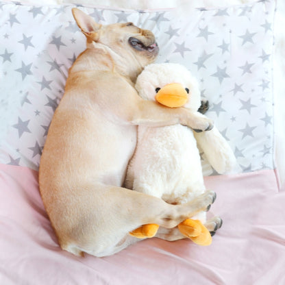 Cream plush duckling dog biting toy with orange beak and wings, held by a dog