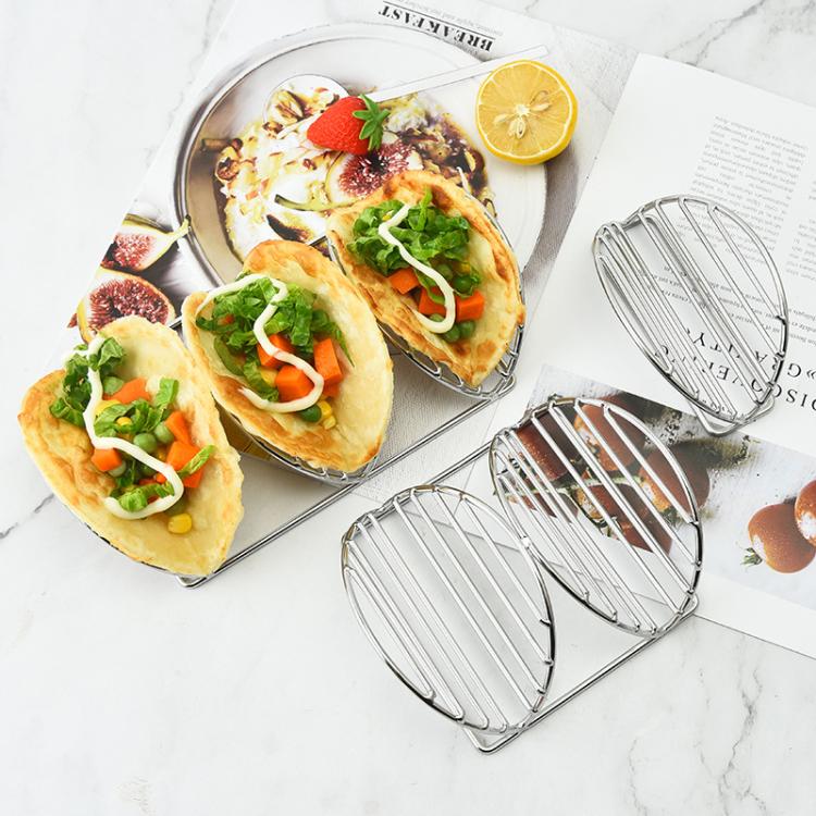 Stainless steel V-shaped tortilla rack holding cooked crepes on wire holders