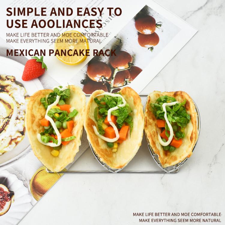 Stainless steel V-shaped tortilla rack with stacked crepes on the wire frame