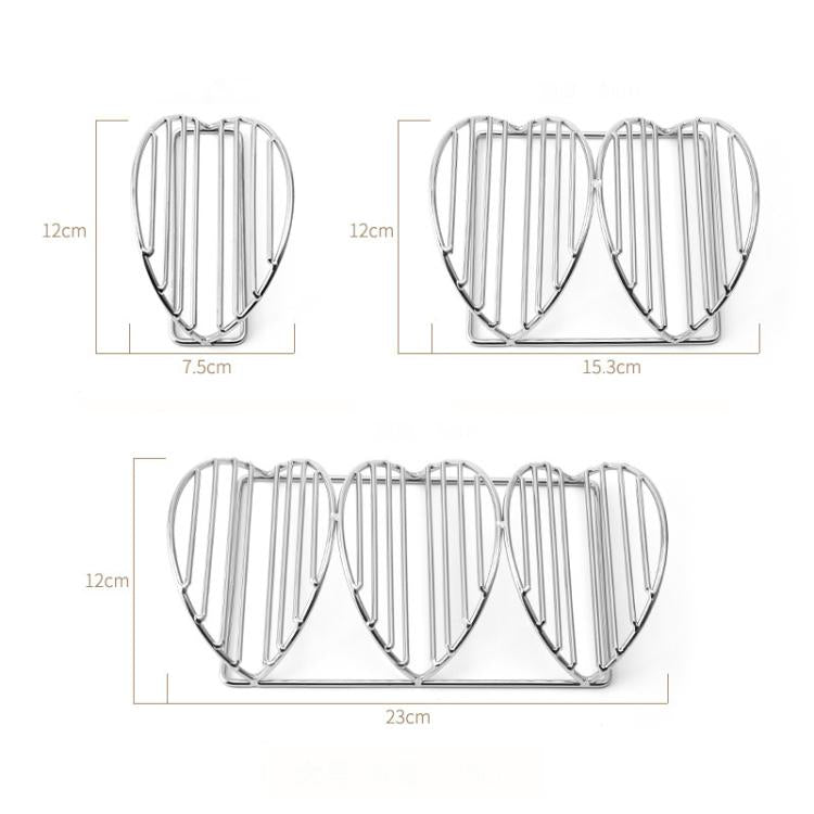 Stainless steel V-shaped pancake rack with size measurements on a diagram