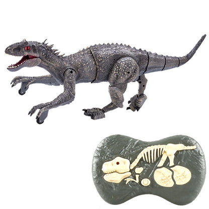 Gray mechanical T-rex dinosaur toy with red eye detail and poseable articulated legs