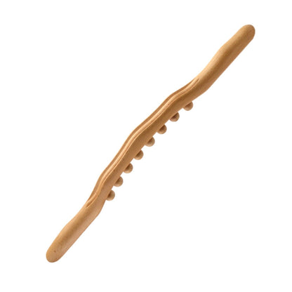 Light wood massage stick with smooth handle and eight round wooden beads along the side