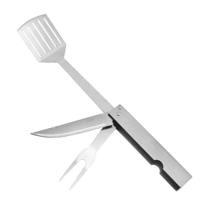 3-in-1 stainless steel BBQ folding tool with slotted tong paddle, knife blade, fork