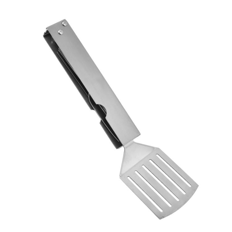 Folding 3-in-1 stainless steel BBQ tong tool with slotted paddle and fork prongs